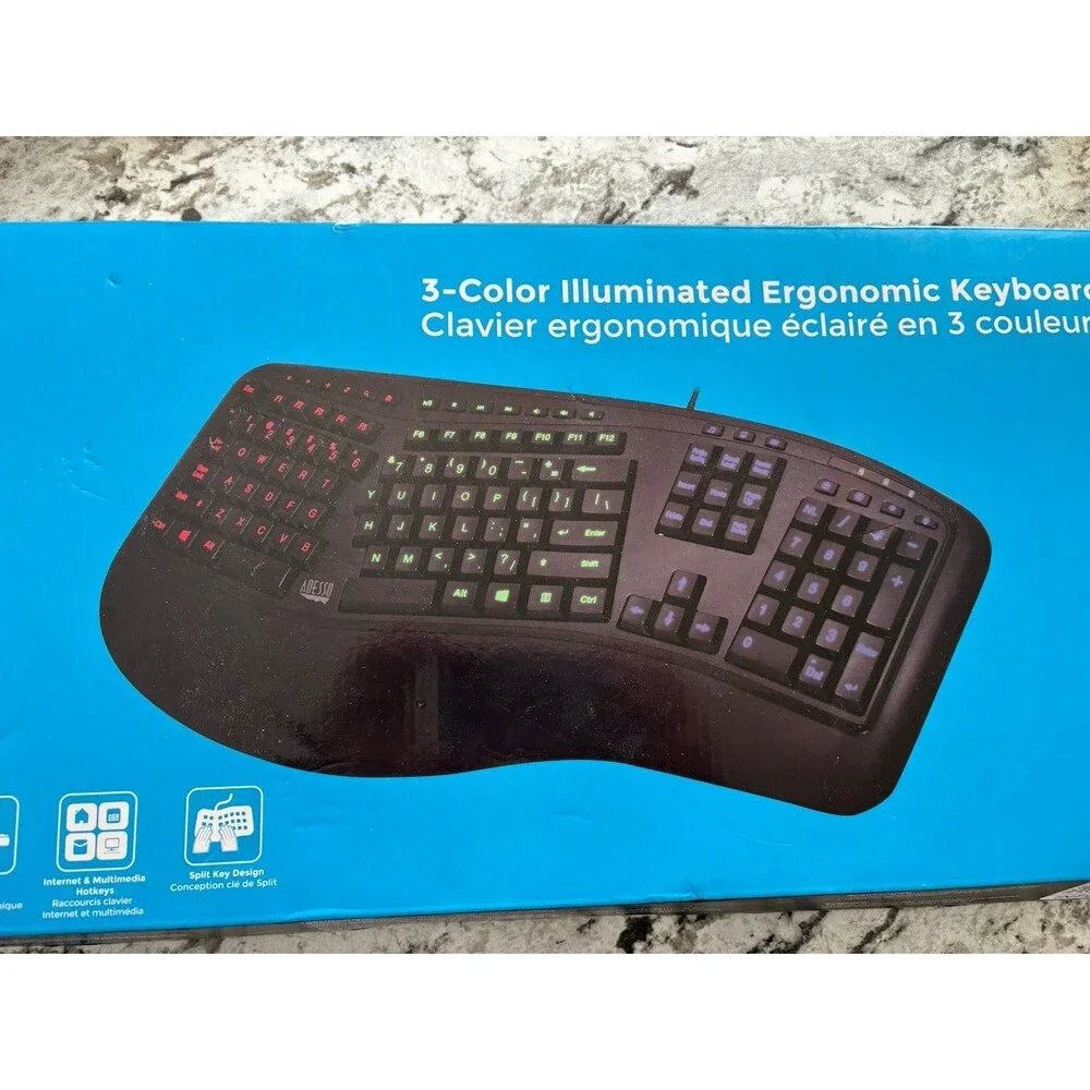 Adesso Tru-Form 150 3-Color Illuminated USB Ergonomic Keyboard AKB-150EB